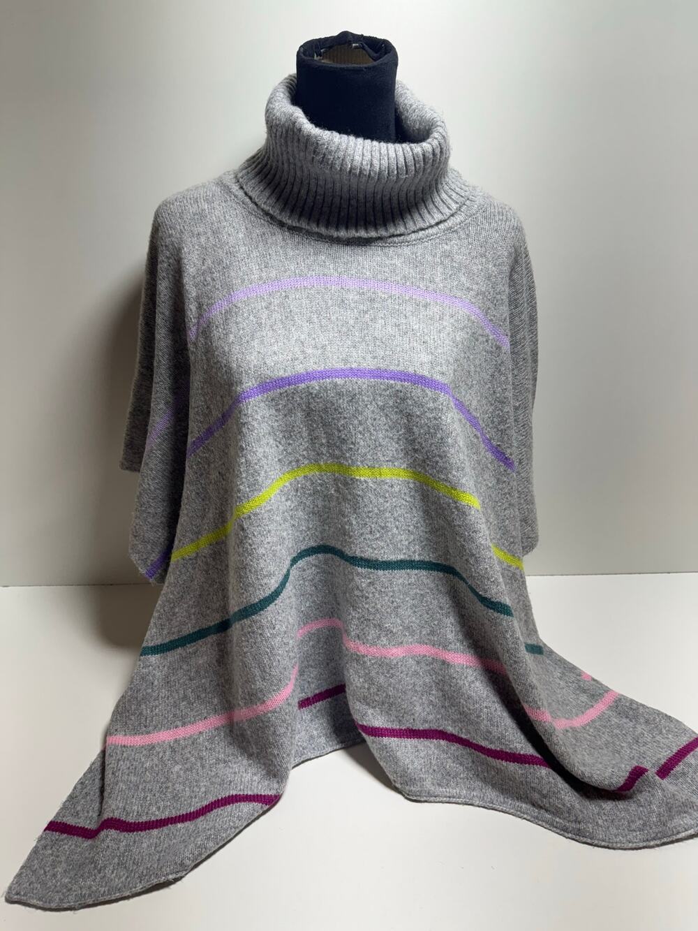 Loft Cowl Neck Poncho Sweater Women’s Wool Blend Gray Hi Low Gray Skinny Stripes